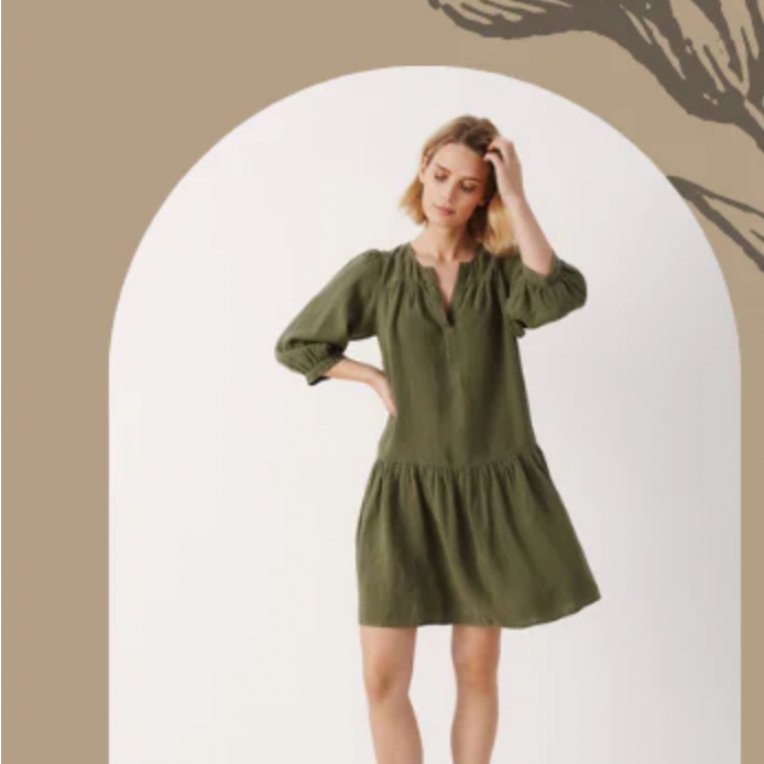 Three women are shown in photographs wearing linen outfits.