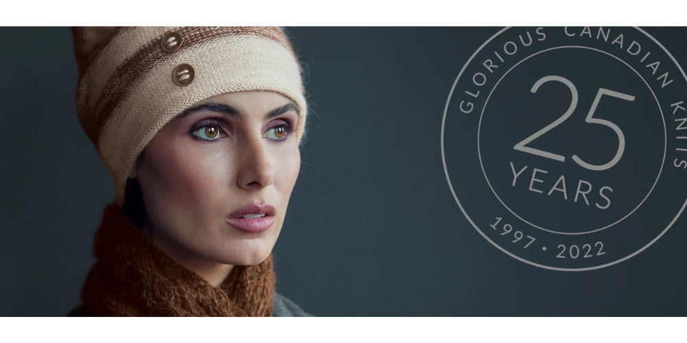 A woman is shown wearing a slouchy hat with three pearl buttons across the headband above her right eyebrow. The hat is sage green with a neutral band.