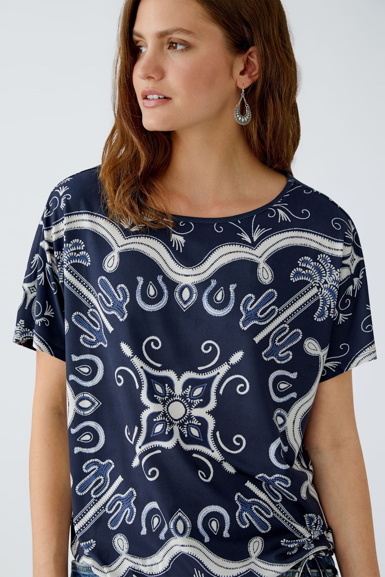 Oui Western Printed Top With Drawcord