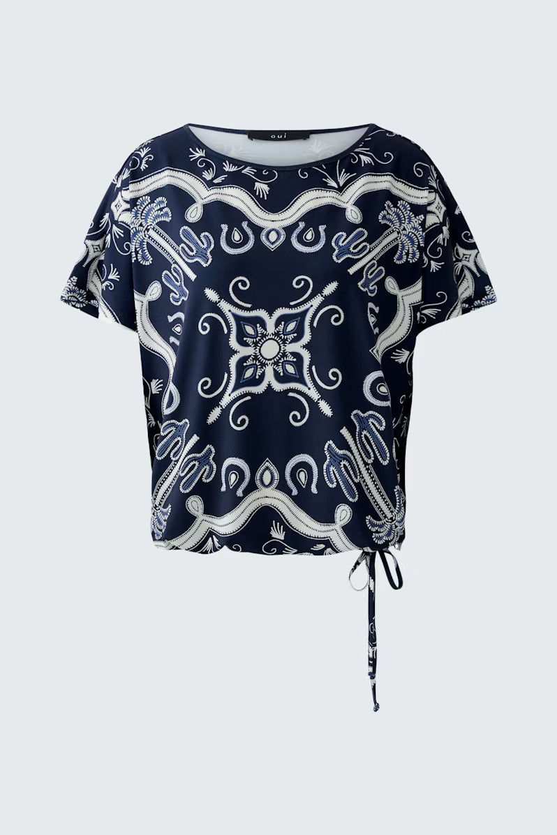 Oui Western Printed Top With Drawcord