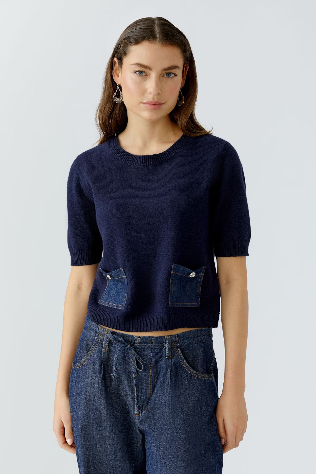 Oui Half Sleeve Sweater With Denim Pockets