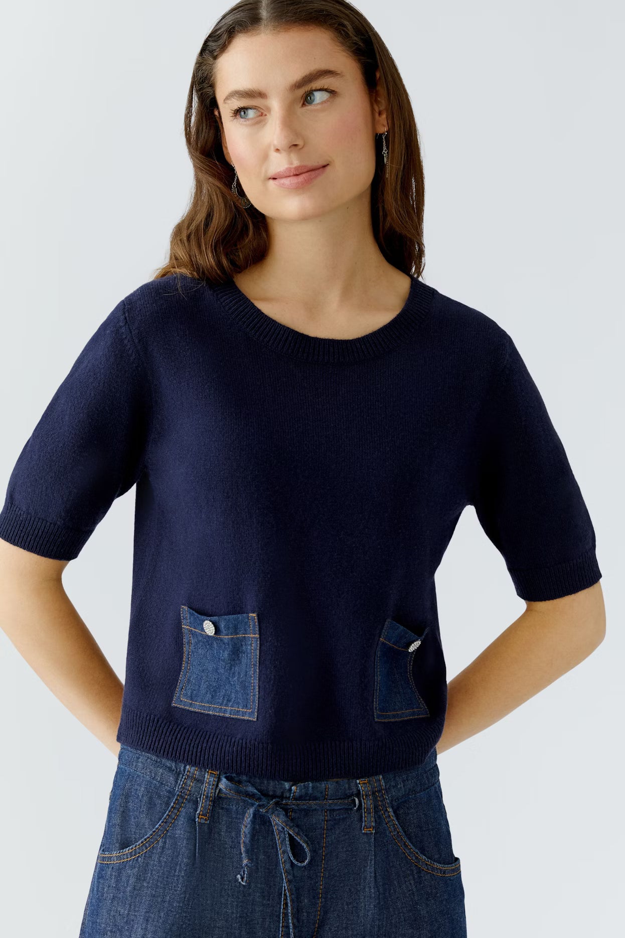 Oui Half Sleeve Sweater With Denim Pockets