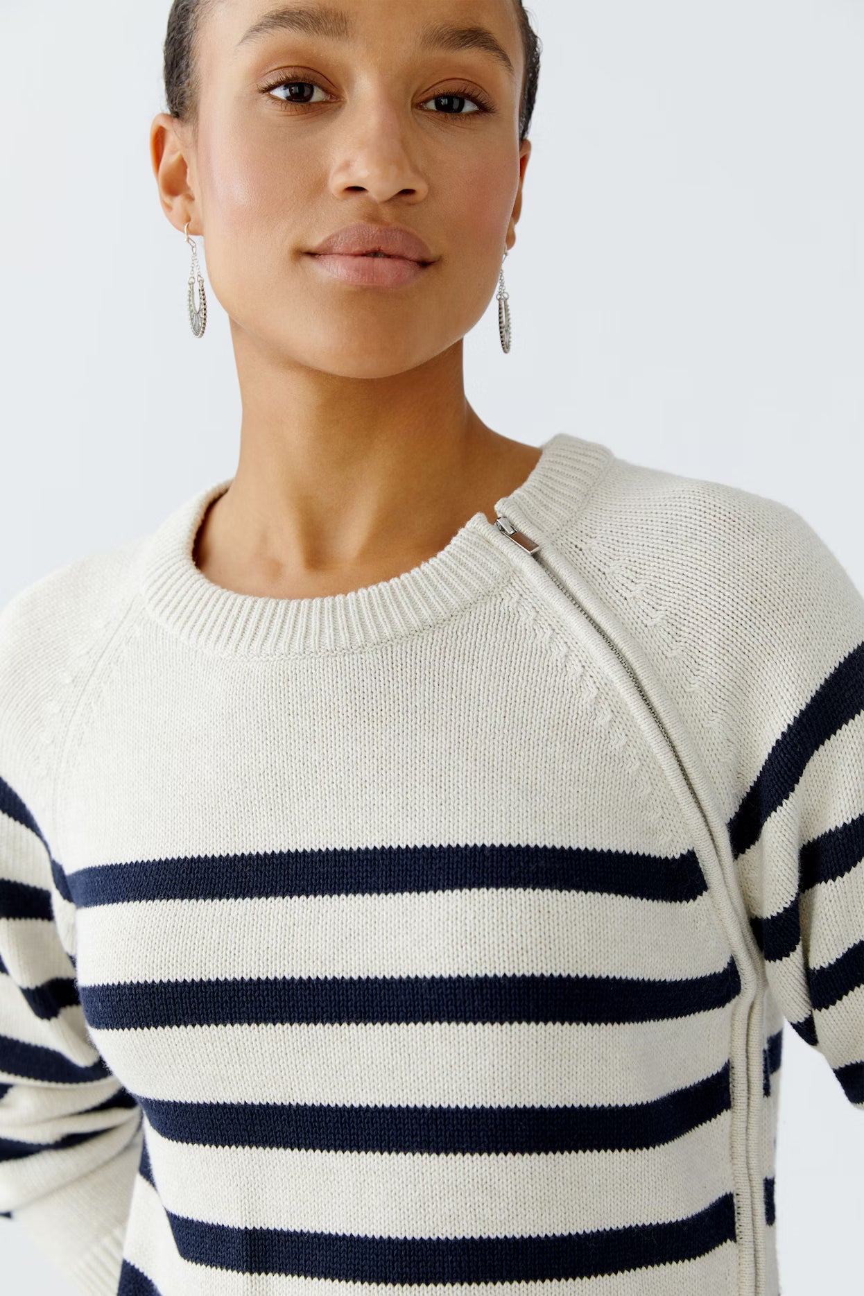 Oui Striped Sweater With Zipped Yoke