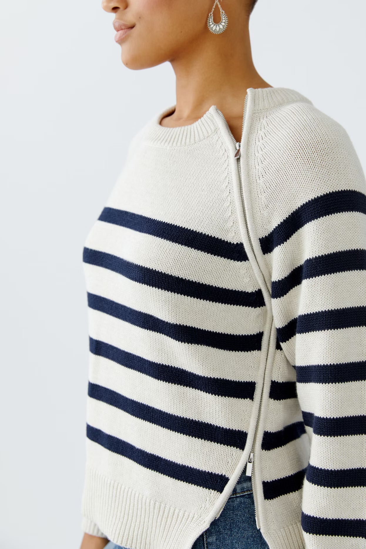 Oui Striped Sweater With Zipped Yoke