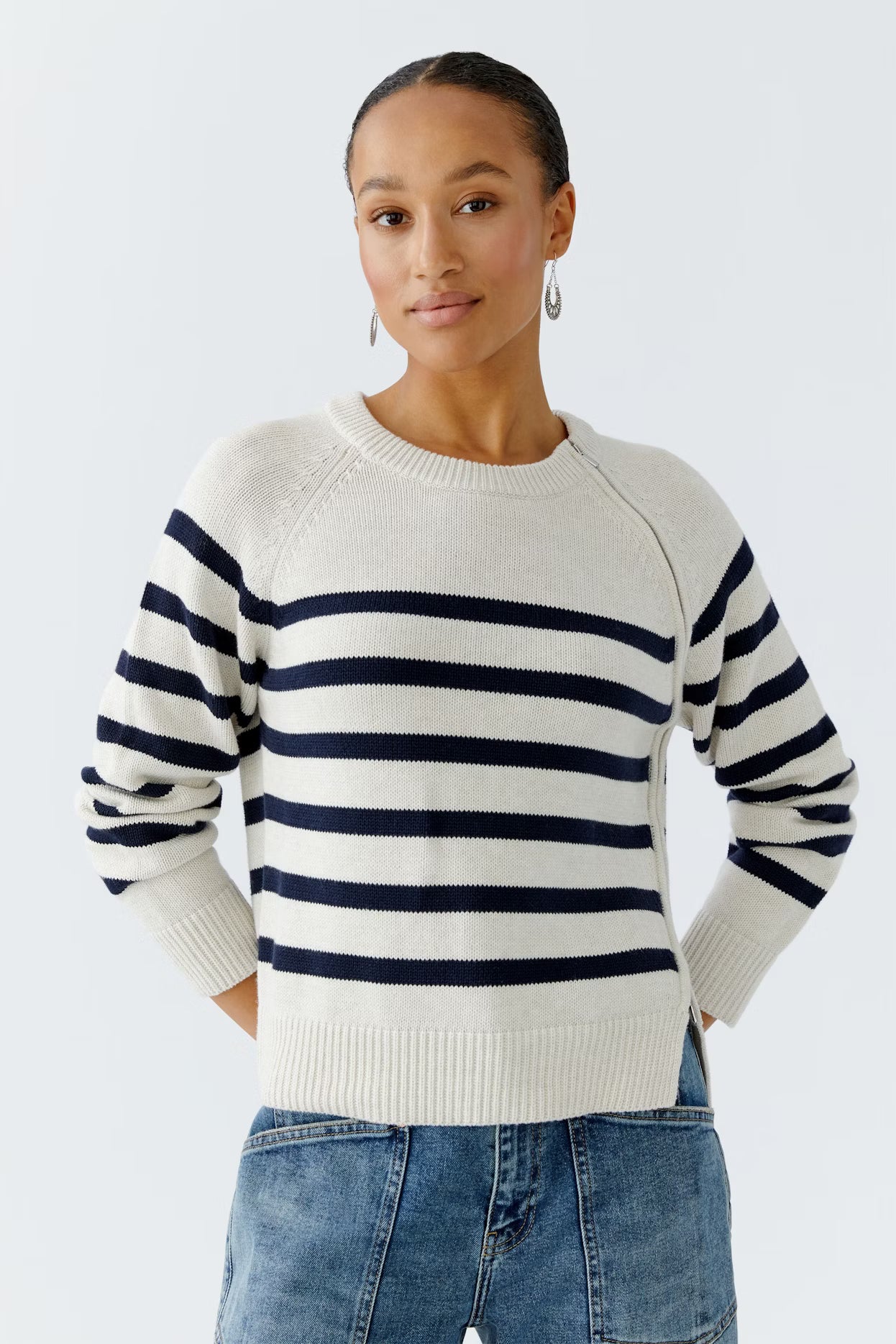 Oui Striped Sweater With Zipped Yoke
