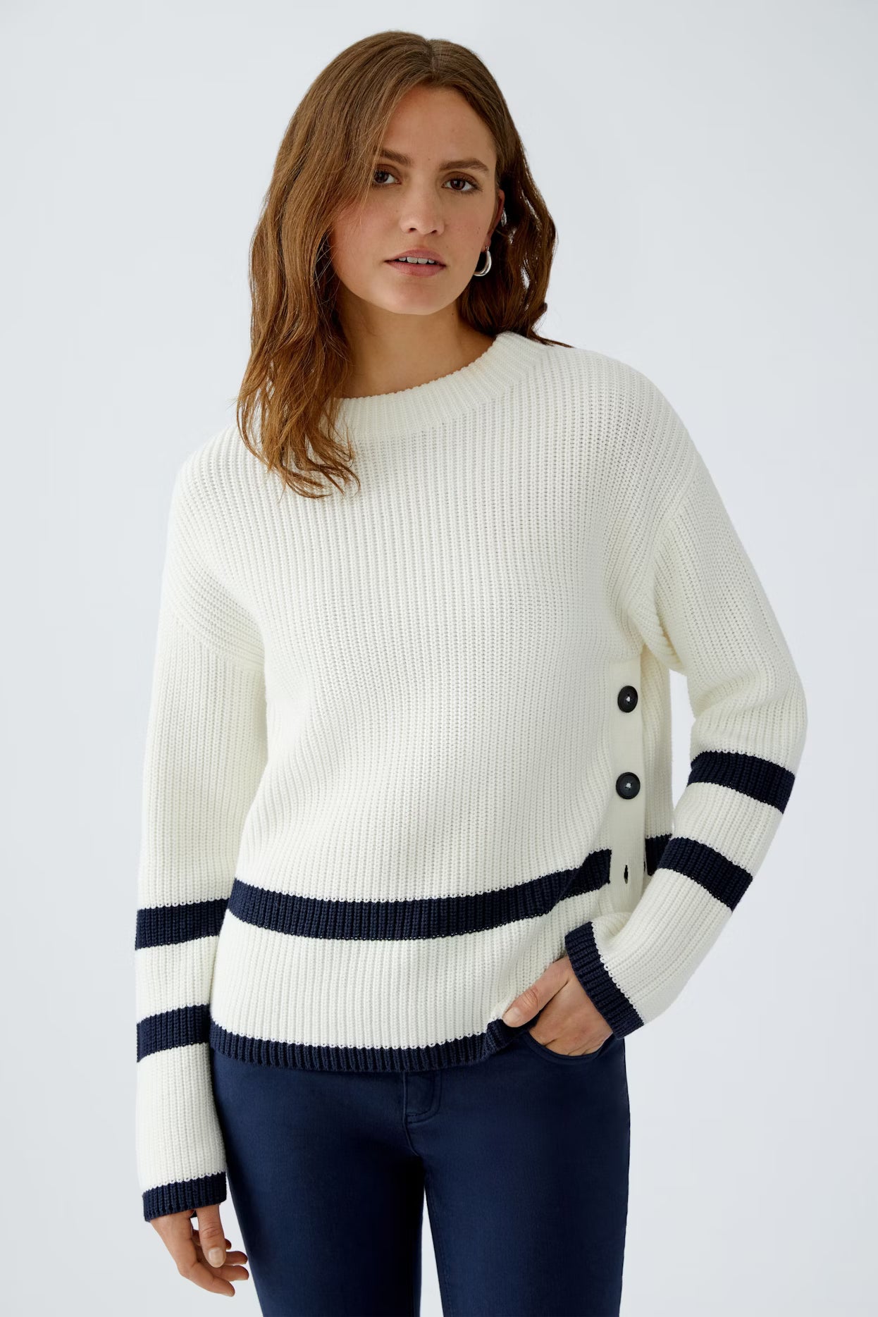 Oui Side Button Sweater With Stripe