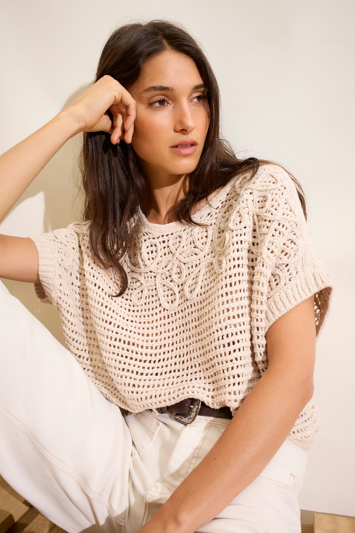 Oui Mesh Knit Sweater With Soutache Embroidery