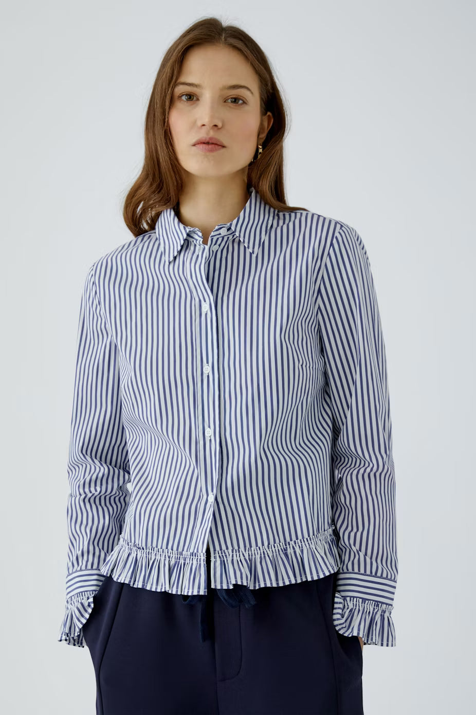Oui Ruffle Bottom Striped Blouse