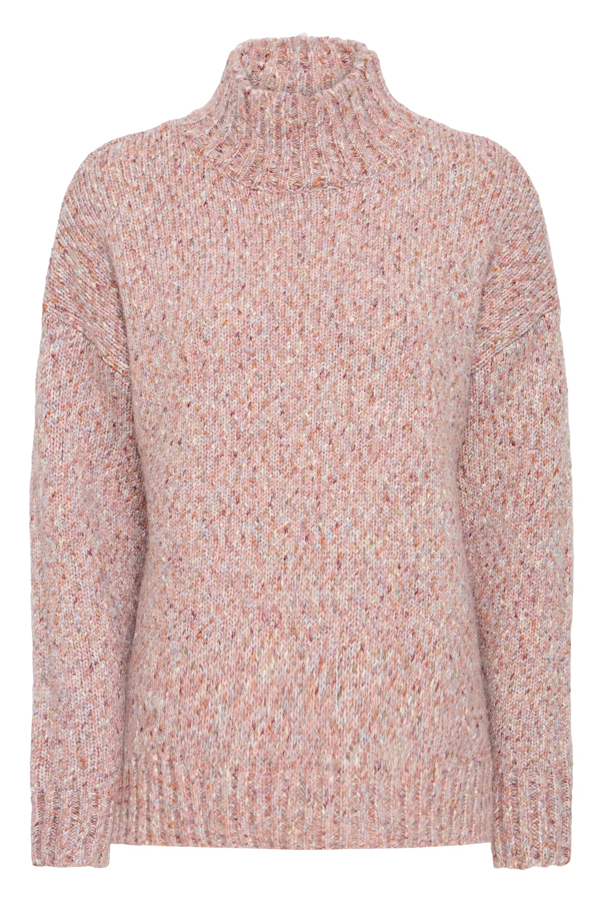 Ichi Fanny Sweater. A textured, long-sleeve knit turtleneck sweater in a heathered marled pattern of dusty pink, beige, and light brown, shown against a plain white background.