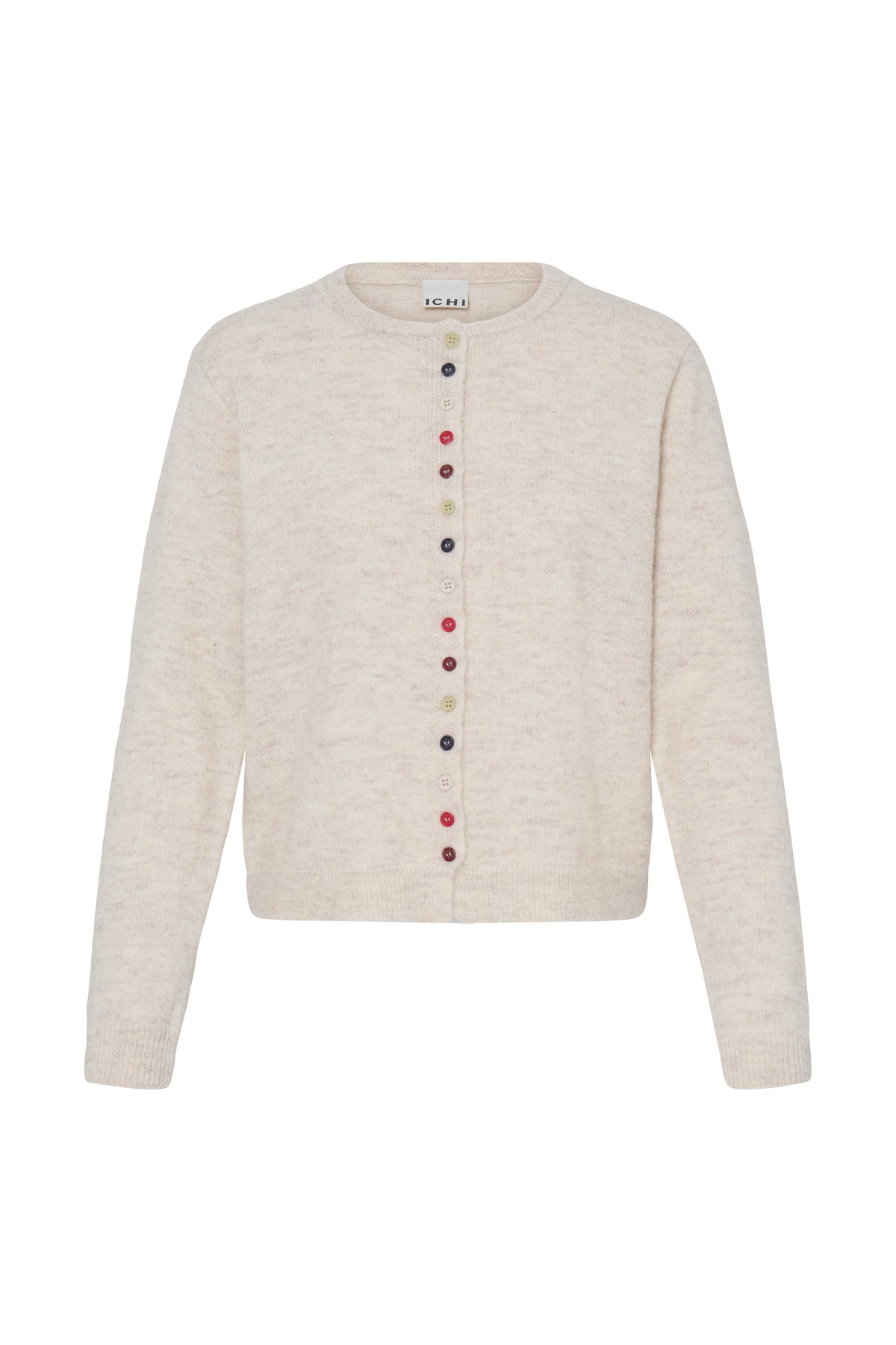 Ichi Fanita Cardigan. A cream-colored knit cardigan sweater with a vertical row of colorful decorative buttons down the front, displayed on a clean white background.