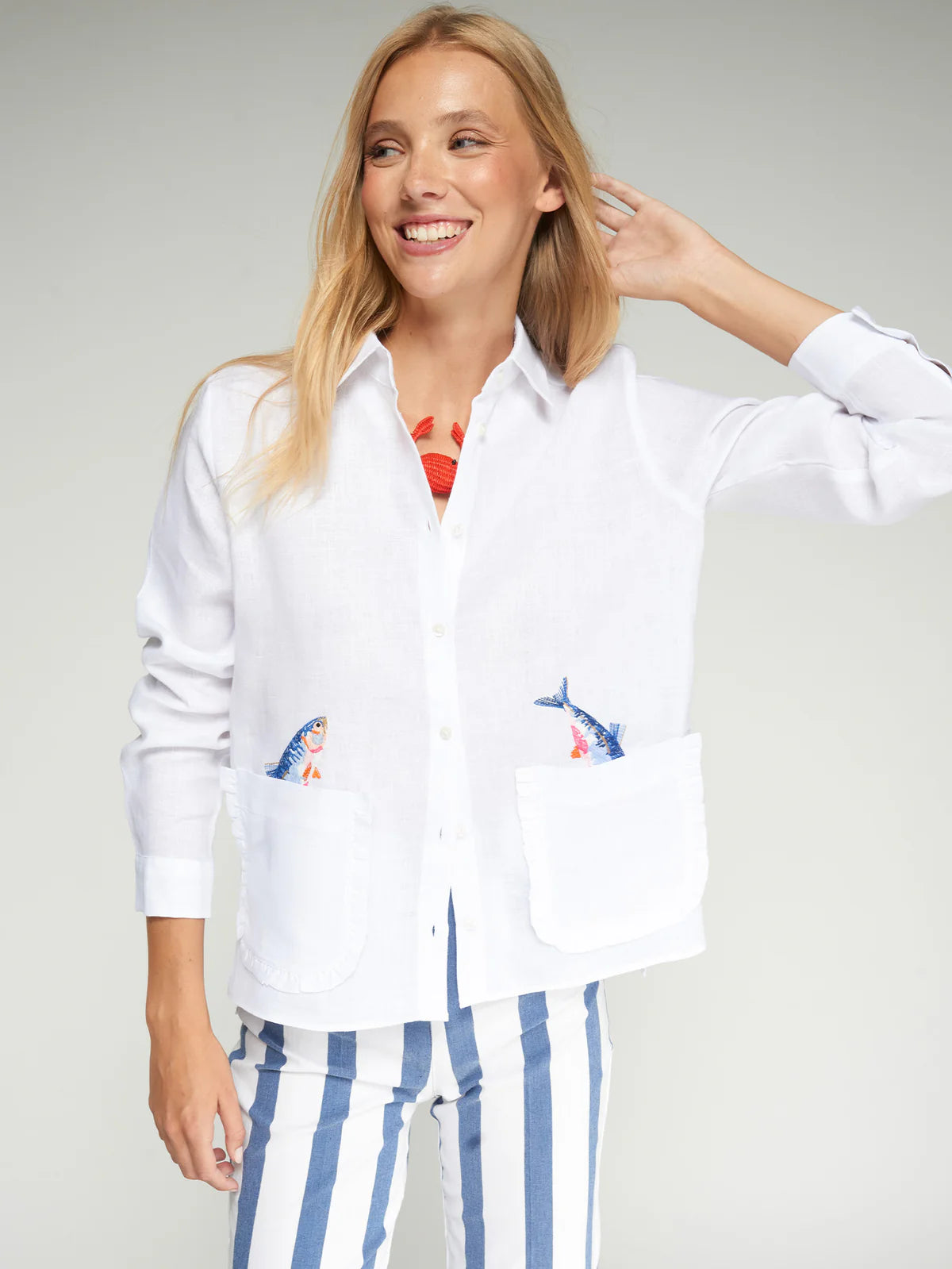 Vilagallo Linen Embroidered Fish Blouse