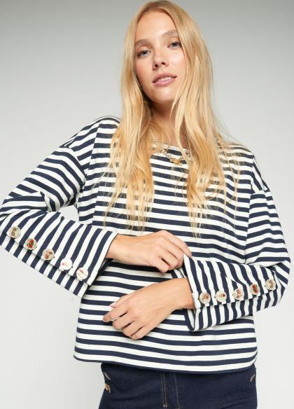 Vilagallo Striped Button Sleeve T-Shirt