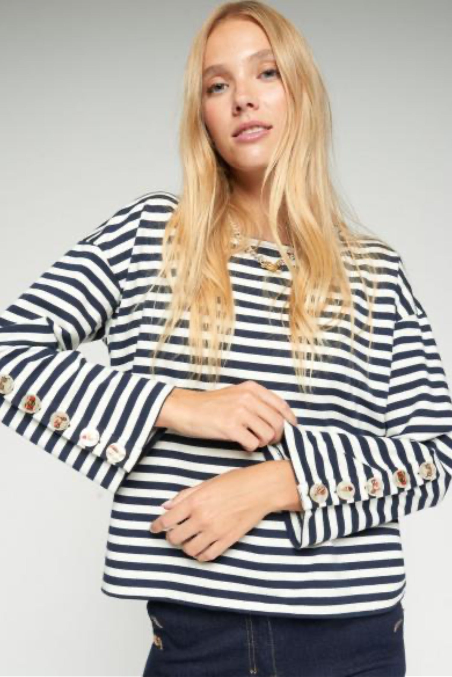 Vilagallo Striped Button Sleeve T-Shirt