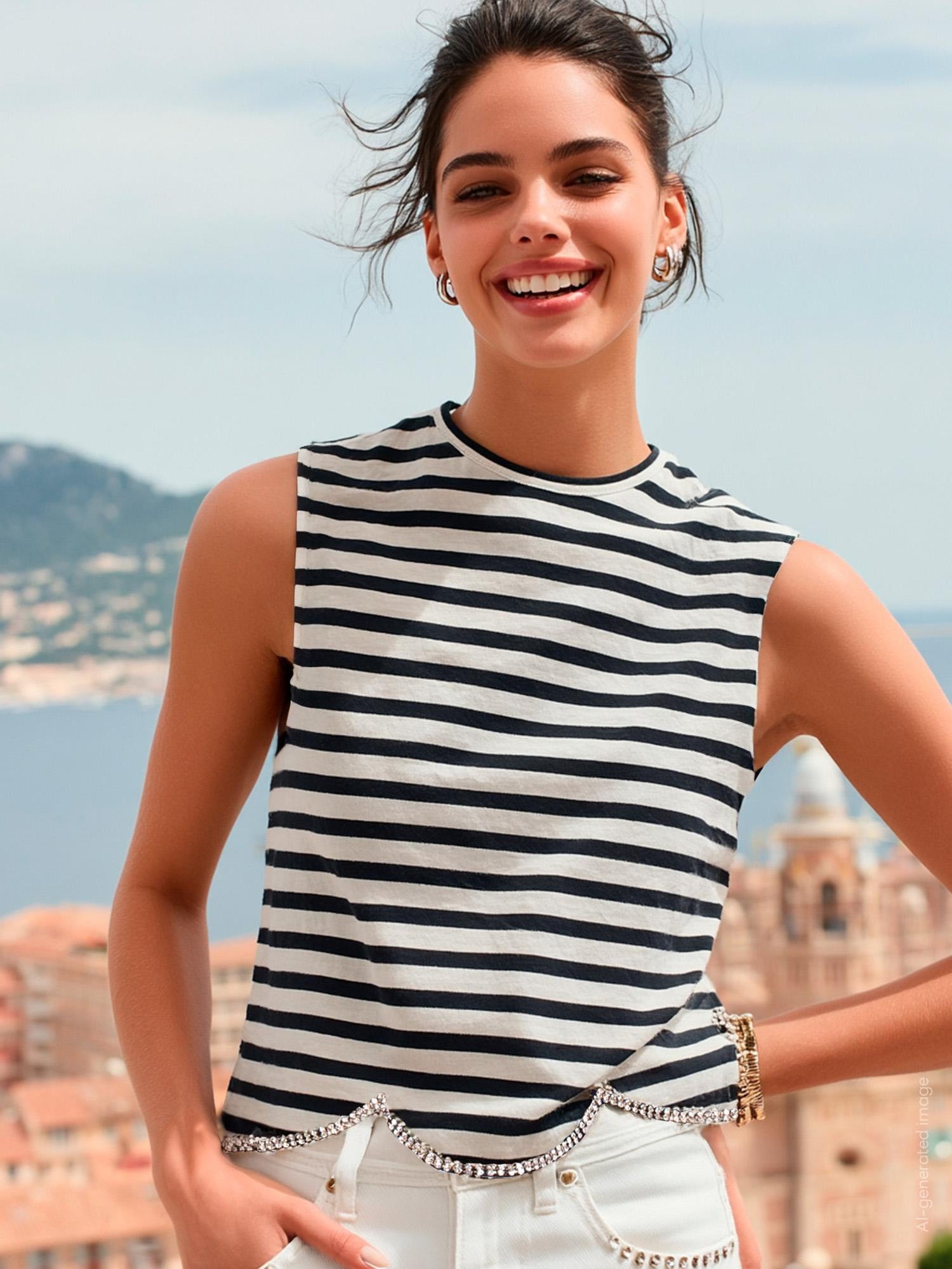 Vilagallo Striped Scalloped Hem T-Shirt