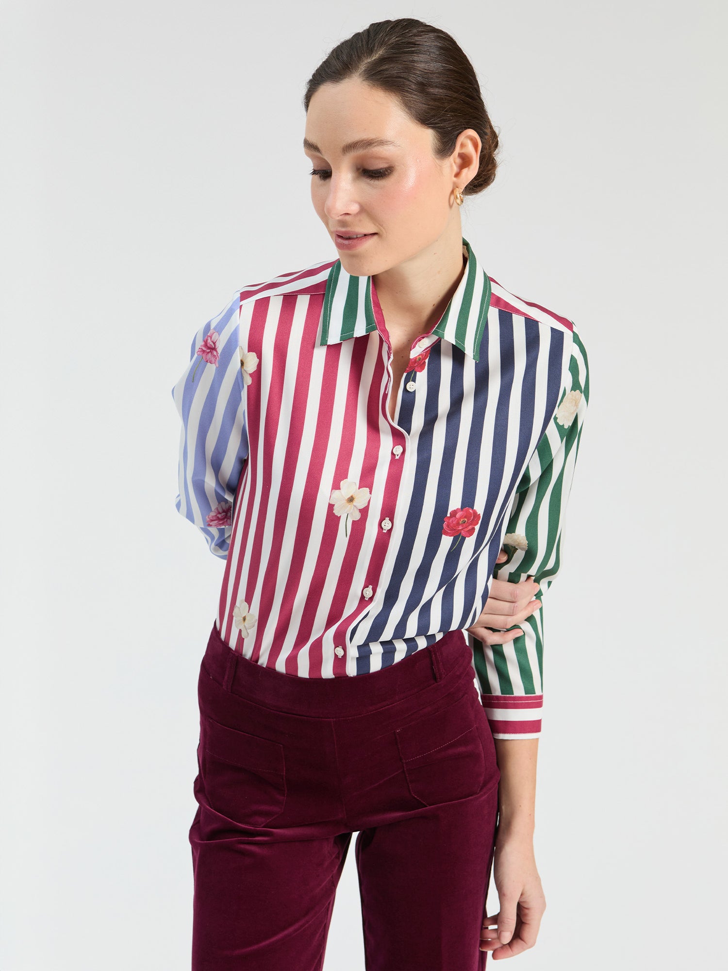 Vilagallo Colourblocked Striped Shirt With Embroidered Flowers