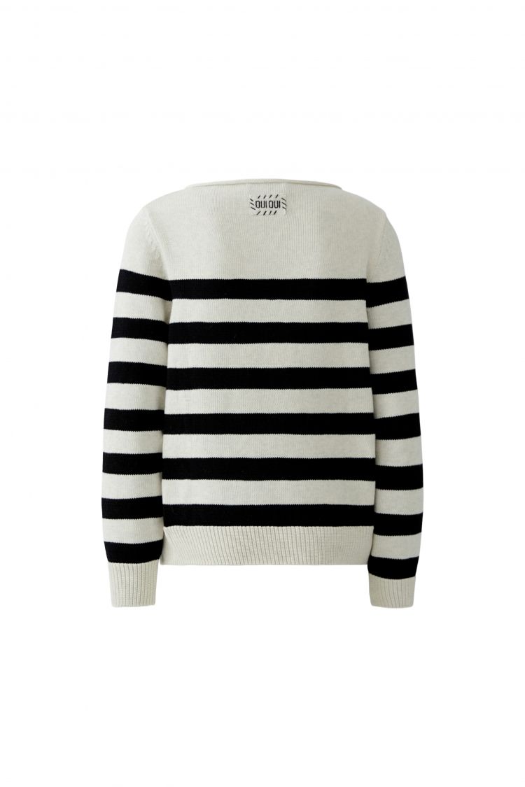 Oui Striped Cotton Sweater With Button Side Slit