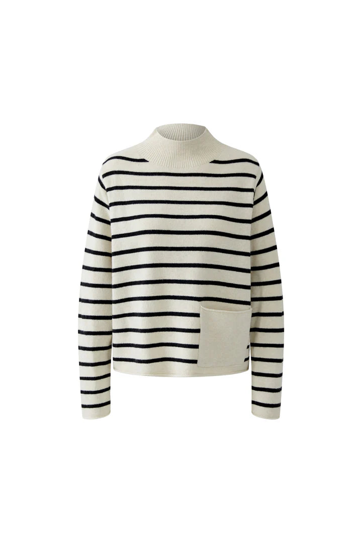 Oui Striped Mock Neck Sweater With Pocket
