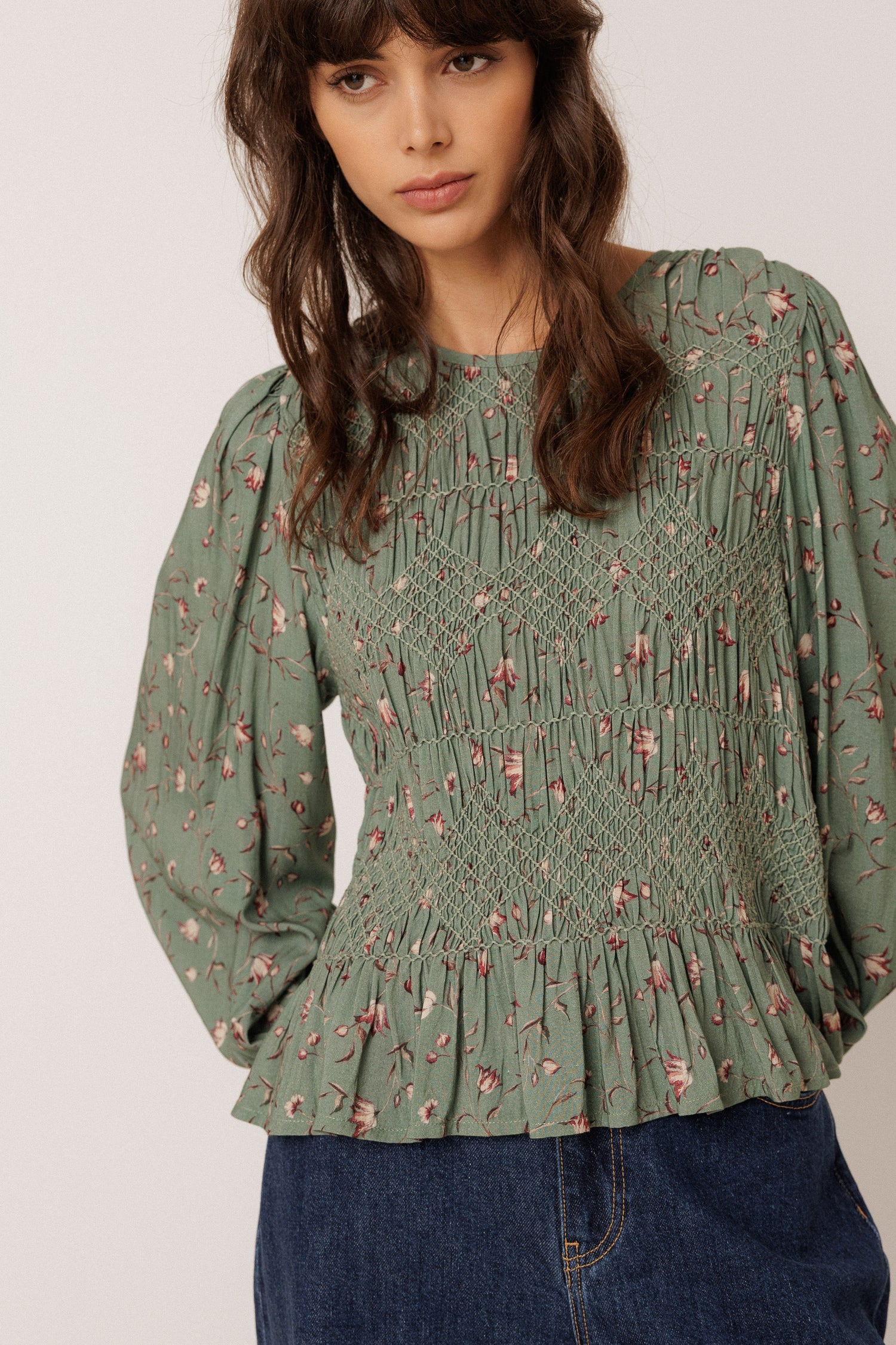 Indi & Cold Printed Smocked Blouse