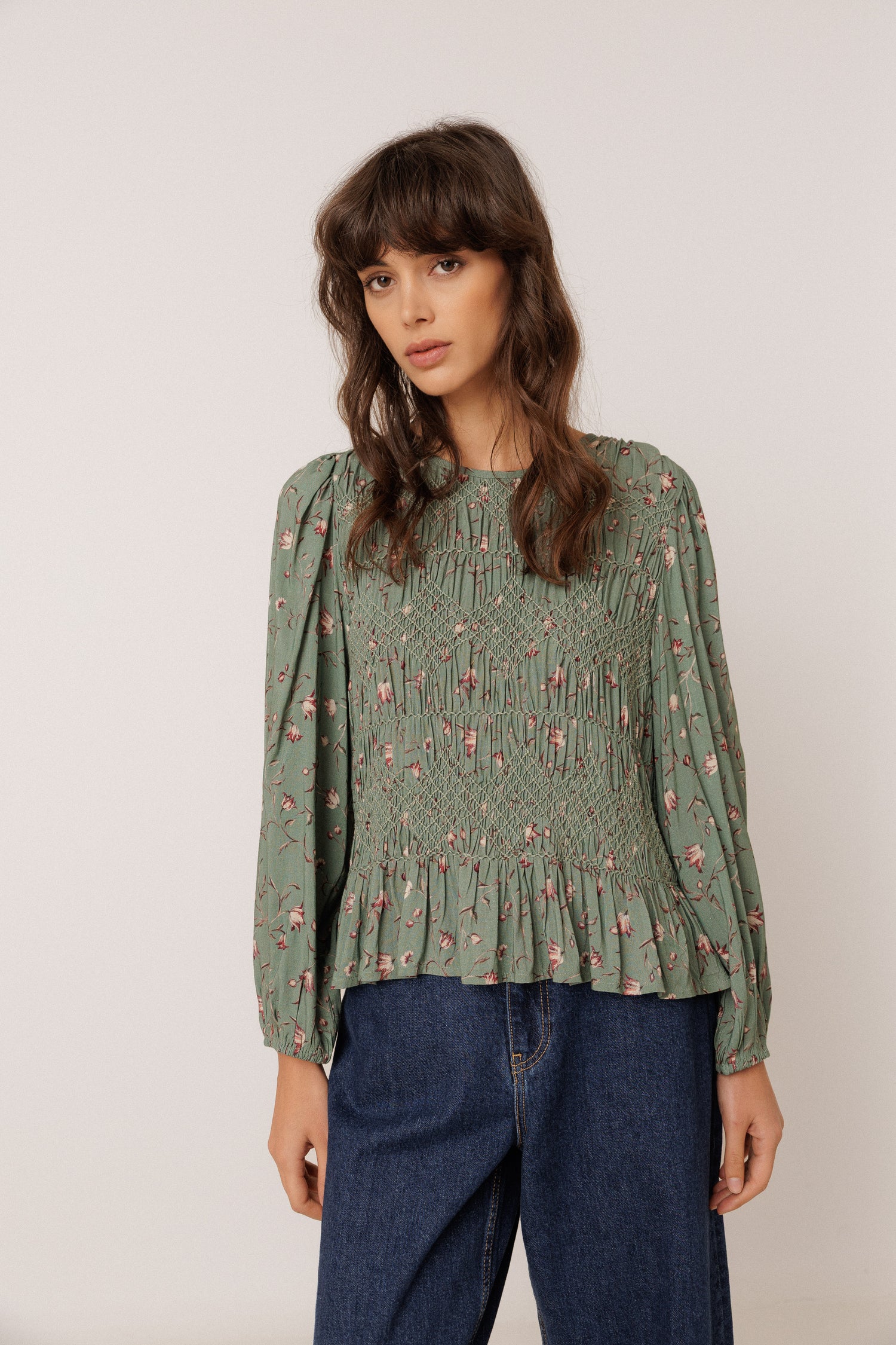 Indi & Cold Printed Smocked Blouse