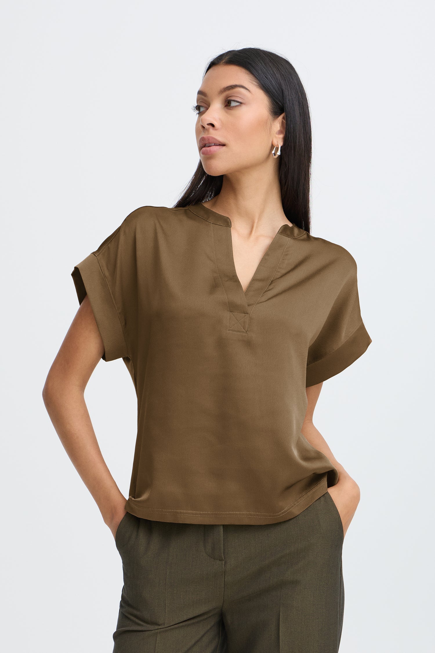 B. Young Selita V Placket Neck Top