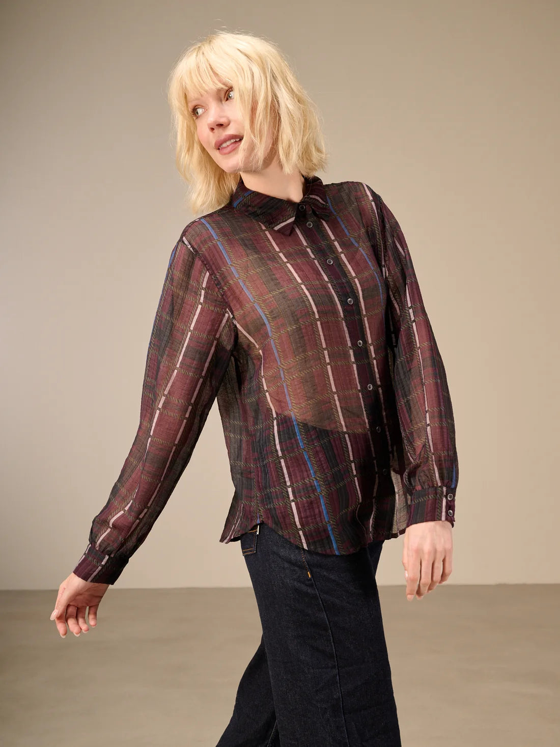Nile Chiffon Print Plaid Blouse