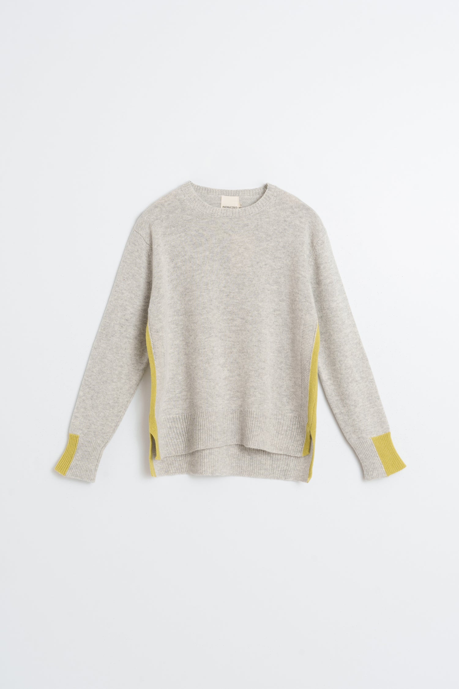 A light heather gray knit sweater with contrasting yellow-green side panels and matching yellow-green cuff accents, displayed flat against a light gray background.