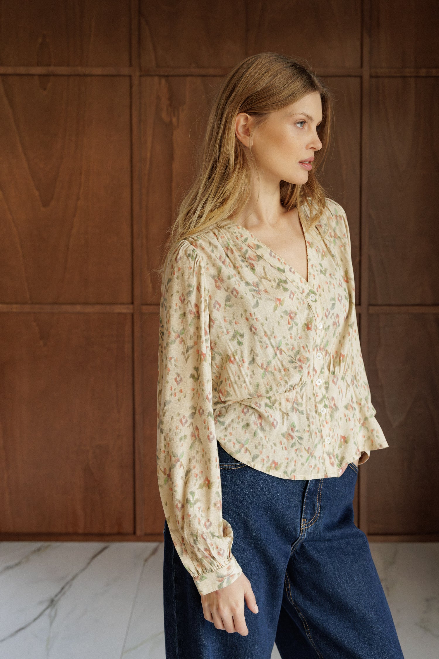 Indi & Cold V-Neck Gathered Waist Blouse