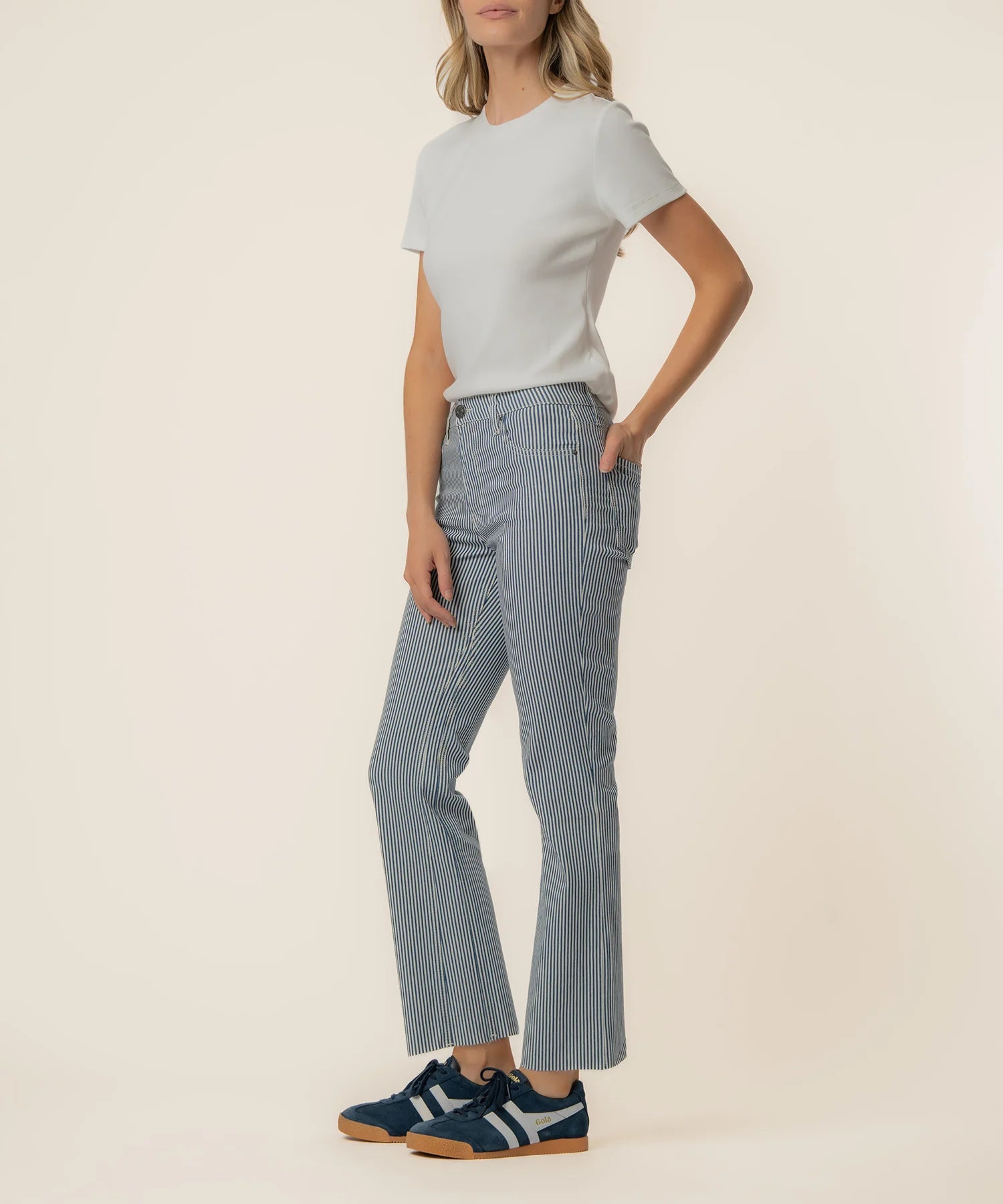 Kut From The Kloth Kelsey Twill Stripe High Rise Ankle Flare Leg Jeans (Navy Ivory)