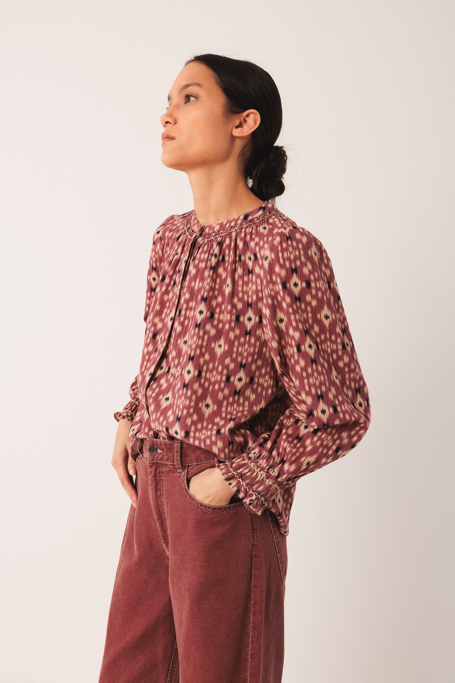 Indi & Cold Ikat Print Long Sleeve Cotton Blouse