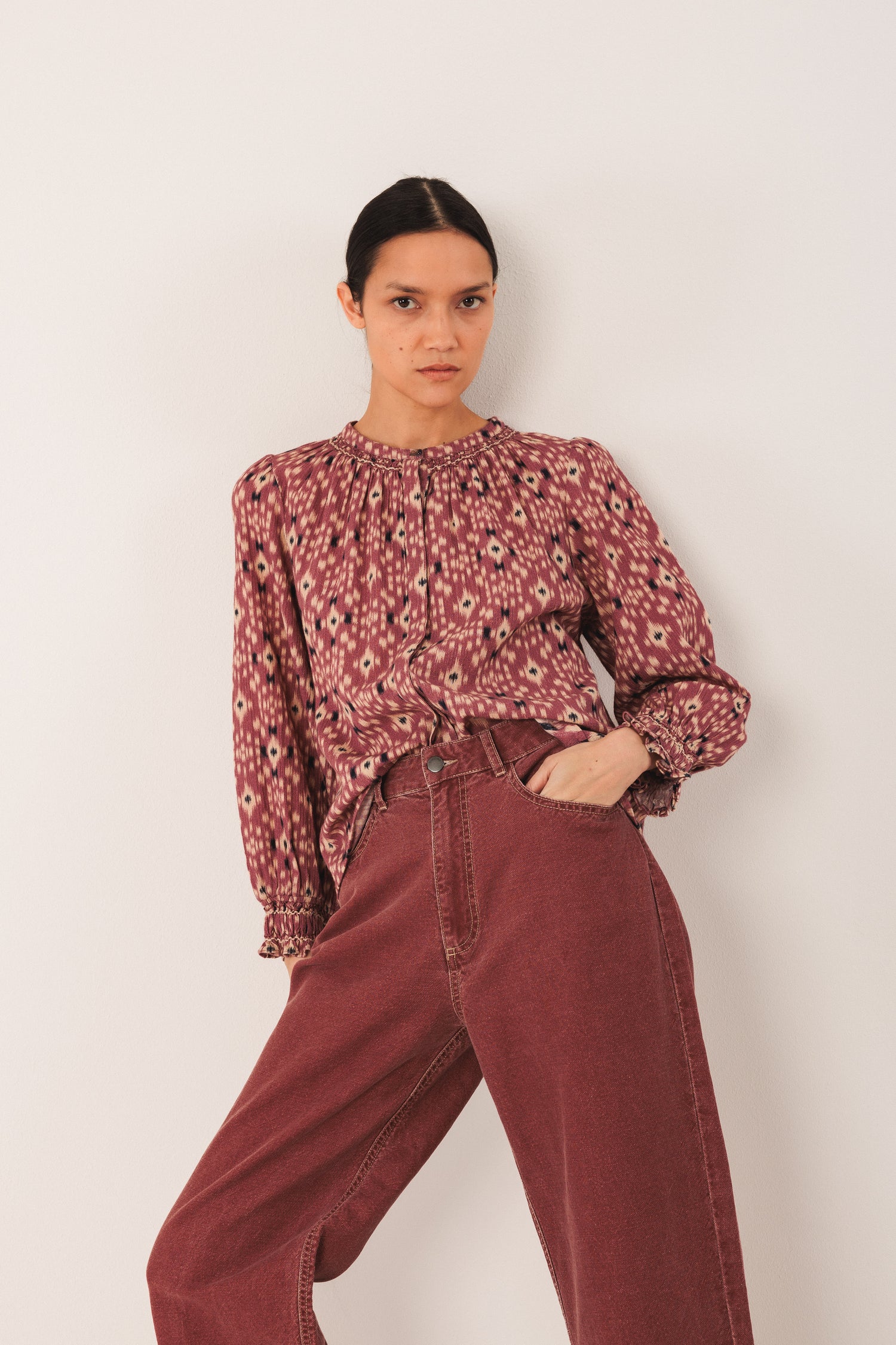 Indi & Cold Ikat Print Long Sleeve Cotton Blouse