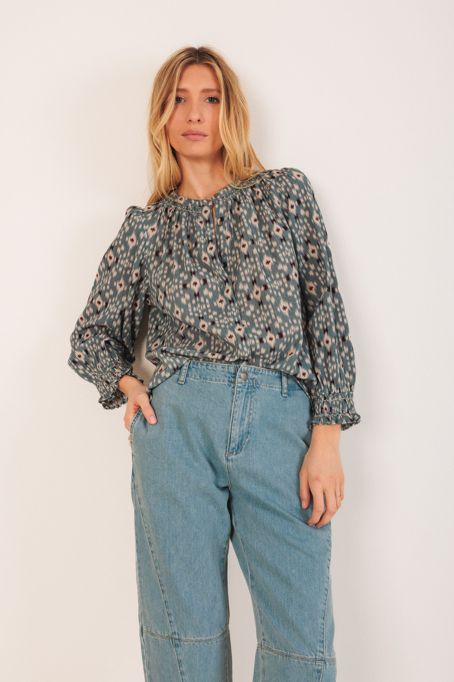 Indi & Cold Ikat Print Long Sleeve Cotton Blouse