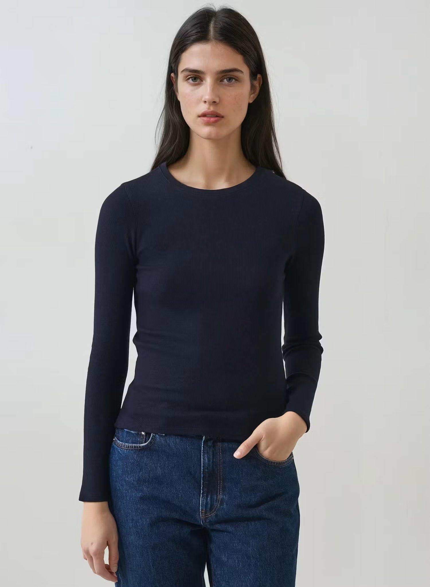 Patrick Assaraf Pima Cotton Stretch Ribbed Long Sleeve Crew Neck T-Shirt