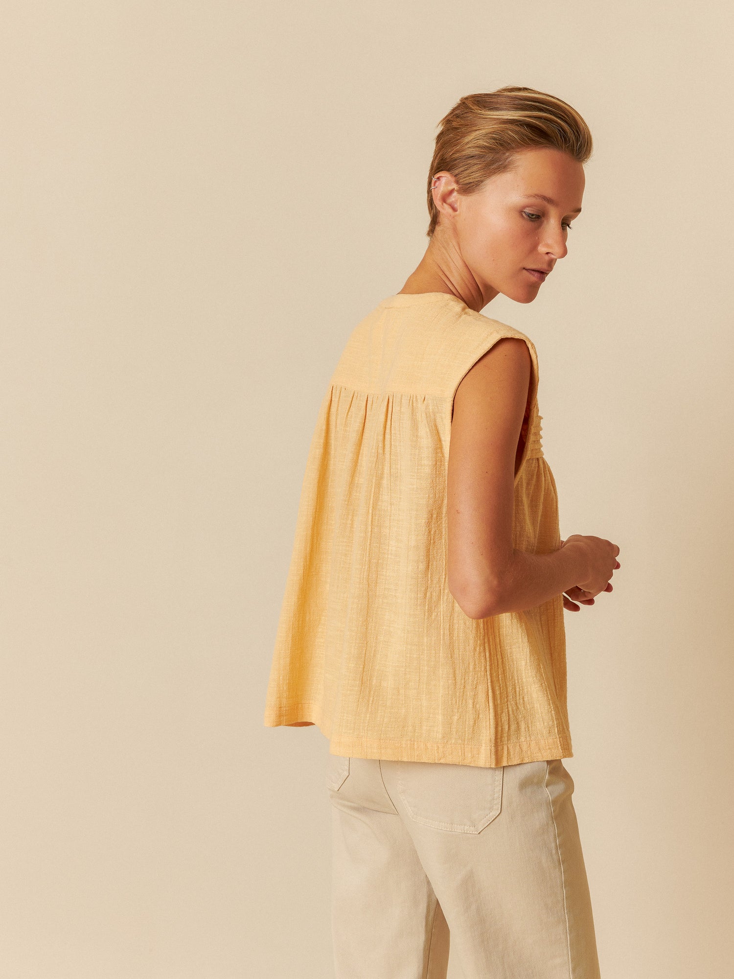 Indi & Cold Pintucked Yoke Sleeveless Blouse