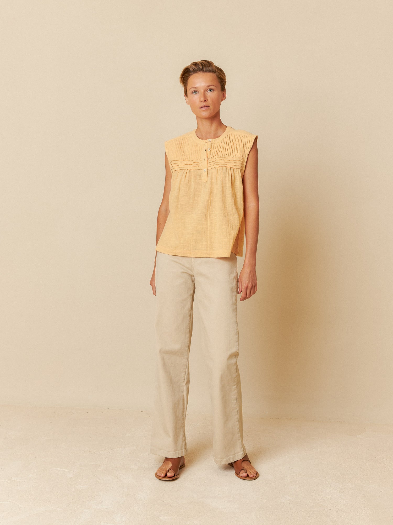 Indi & Cold Pintucked Yoke Sleeveless Blouse