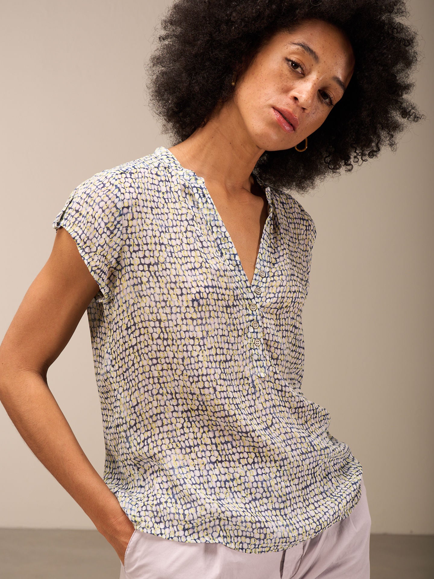 Nile Chiffon Henley Style Short Sleeve Blouse