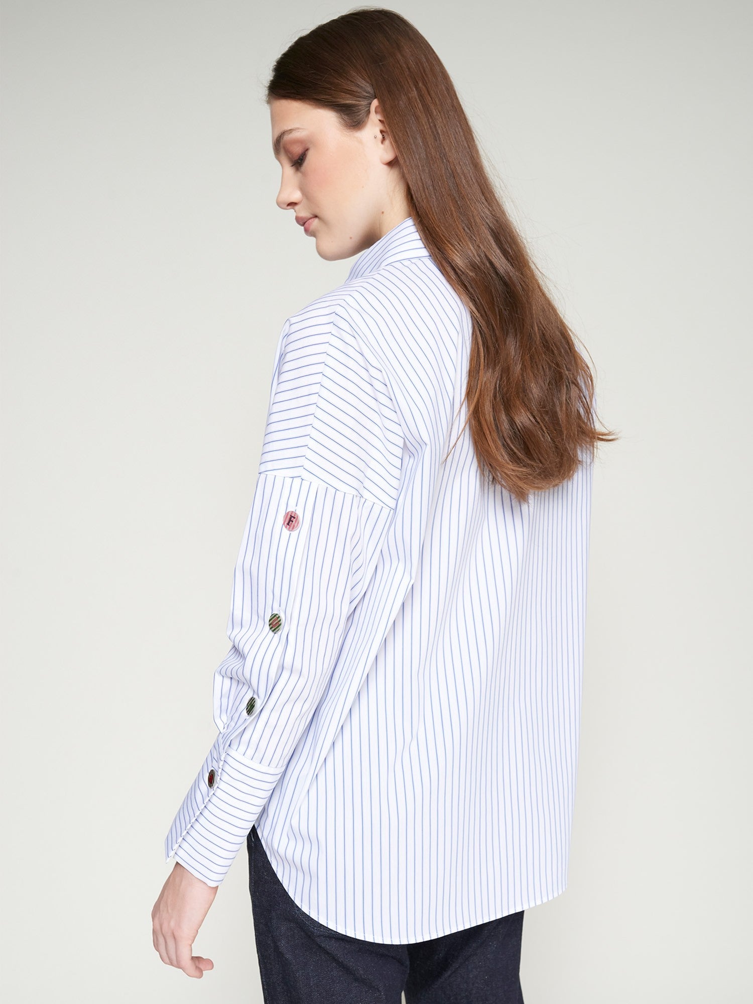 Vilagallo Mikaela Stripe Fun Button Sleeve Blouse