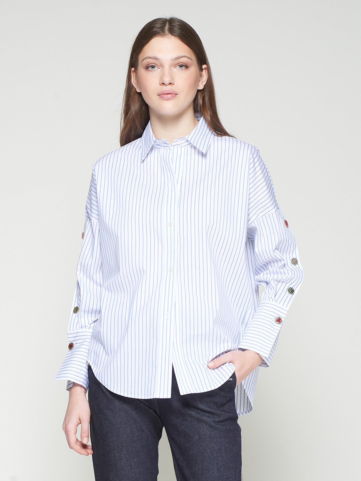 Vilagallo Mikaela Stripe Fun Button Sleeve Blouse