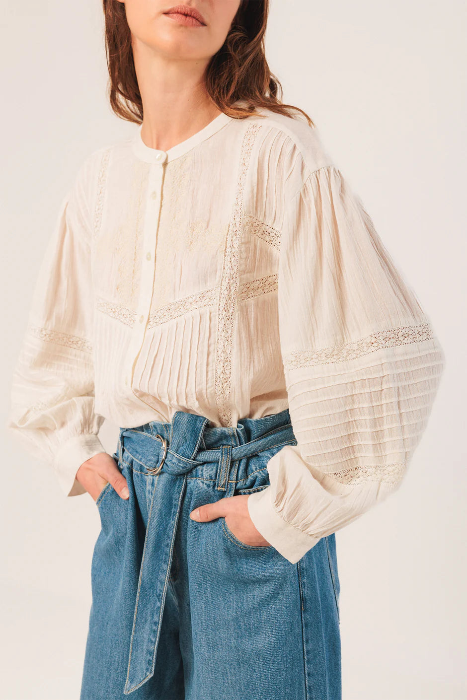 Indi & Cold Mandarin Collar Cotton Embroidered Blouse