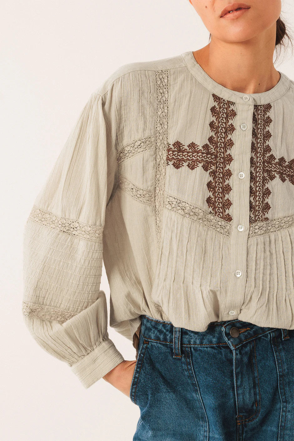 Indi & Cold Mandarin Collar Cotton Embroidered Blouse