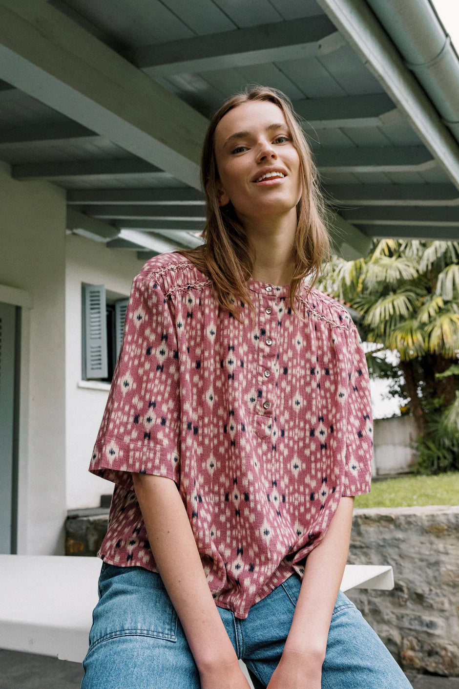Indi & Cold Printed Smock Detail Cotton Blouse
