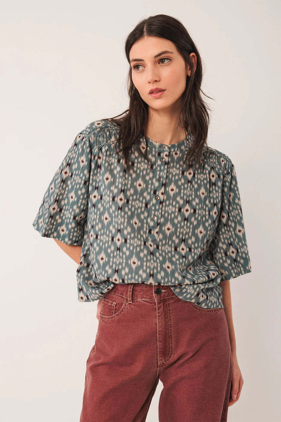 Indi & Cold Printed Smock Detail Cotton Blouse