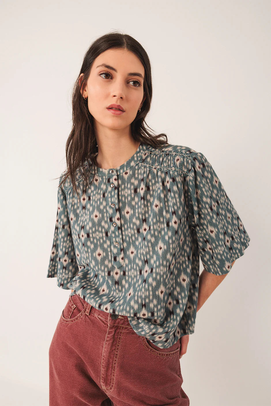 Indi & Cold Printed Smock Detail Cotton Blouse
