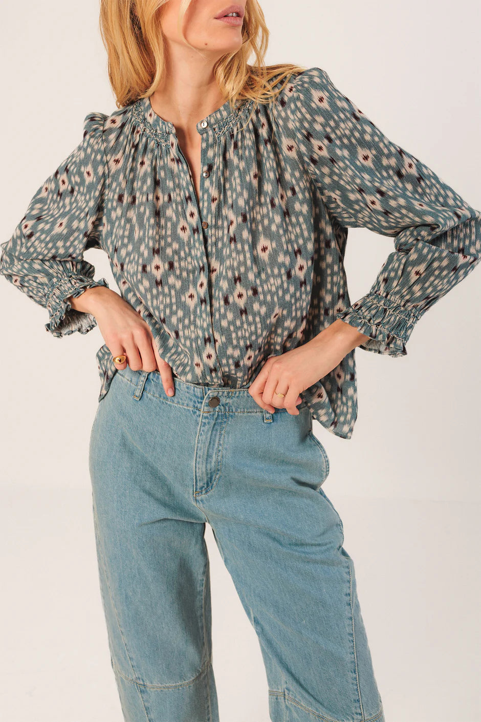 Indi & Cold Ikat Print Long Sleeve Cotton Blouse