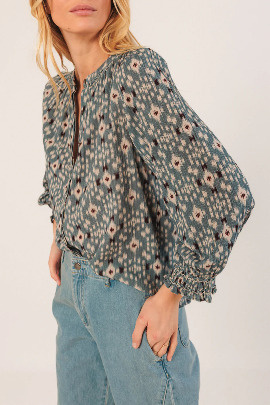 Indi & Cold Ikat Print Long Sleeve Cotton Blouse