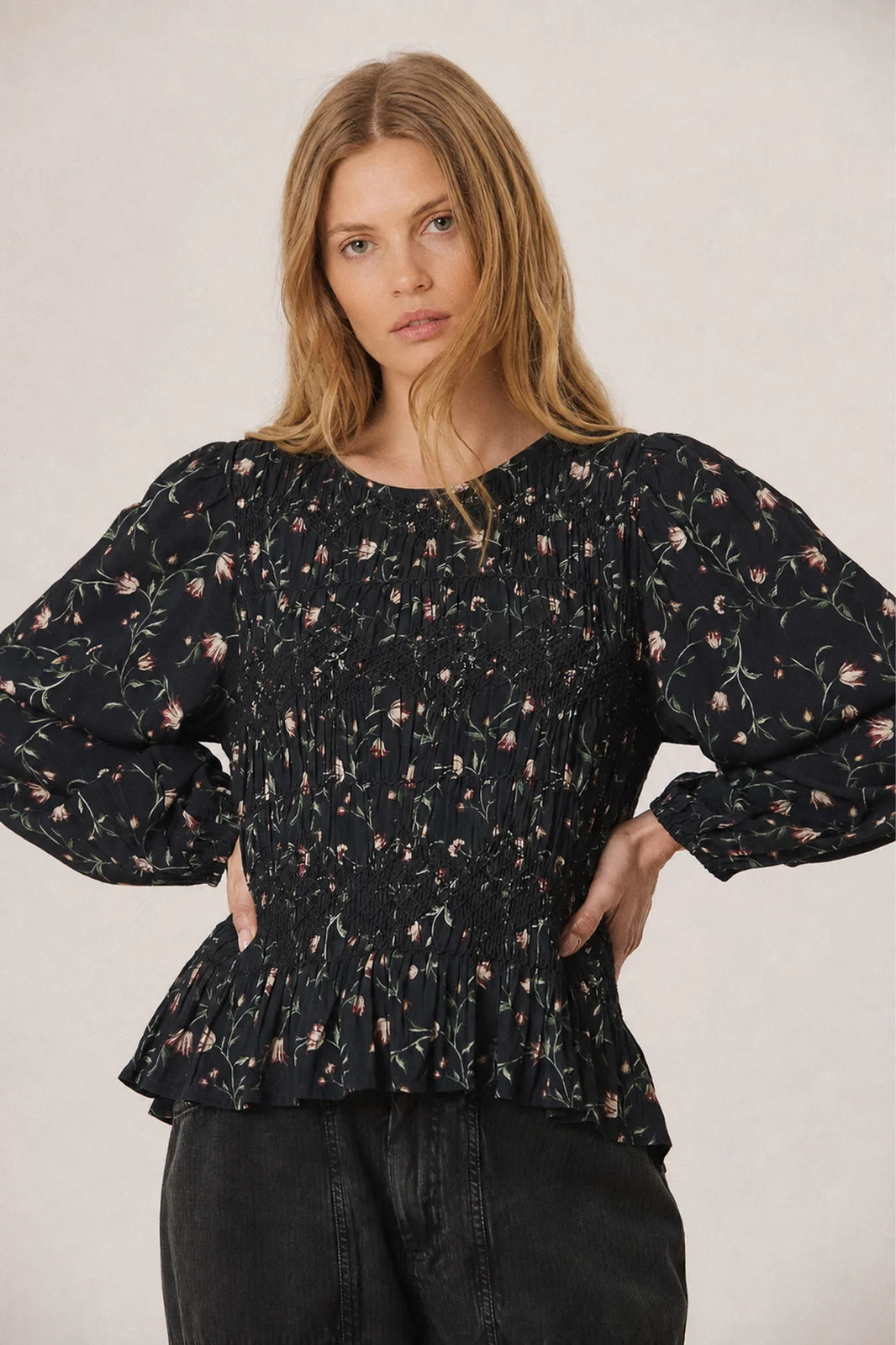 Indi & Cold Floral Print Smocked Blouse