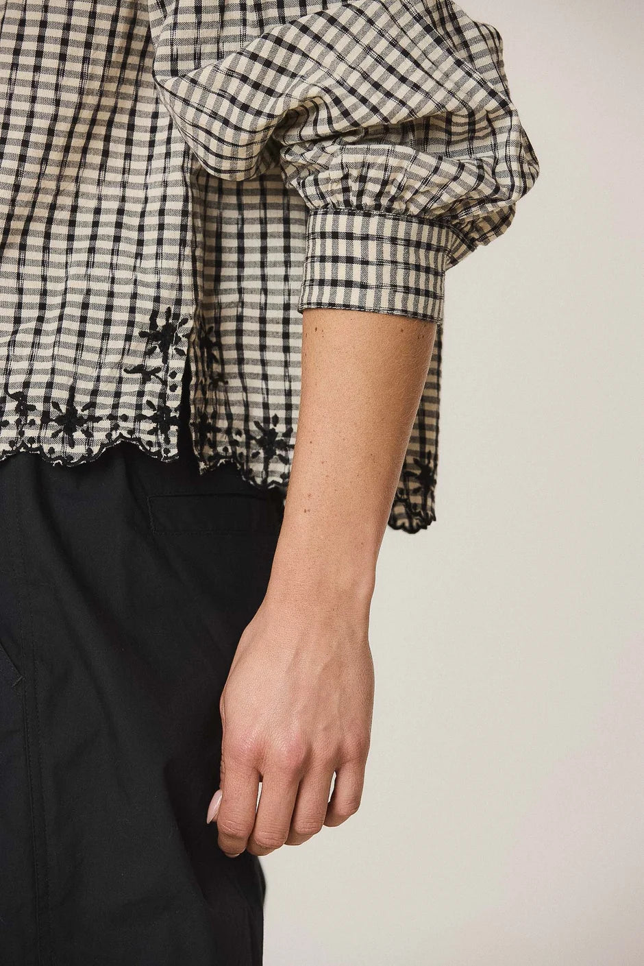 Indi & Cold Plaid Embroidered Hem Blouse