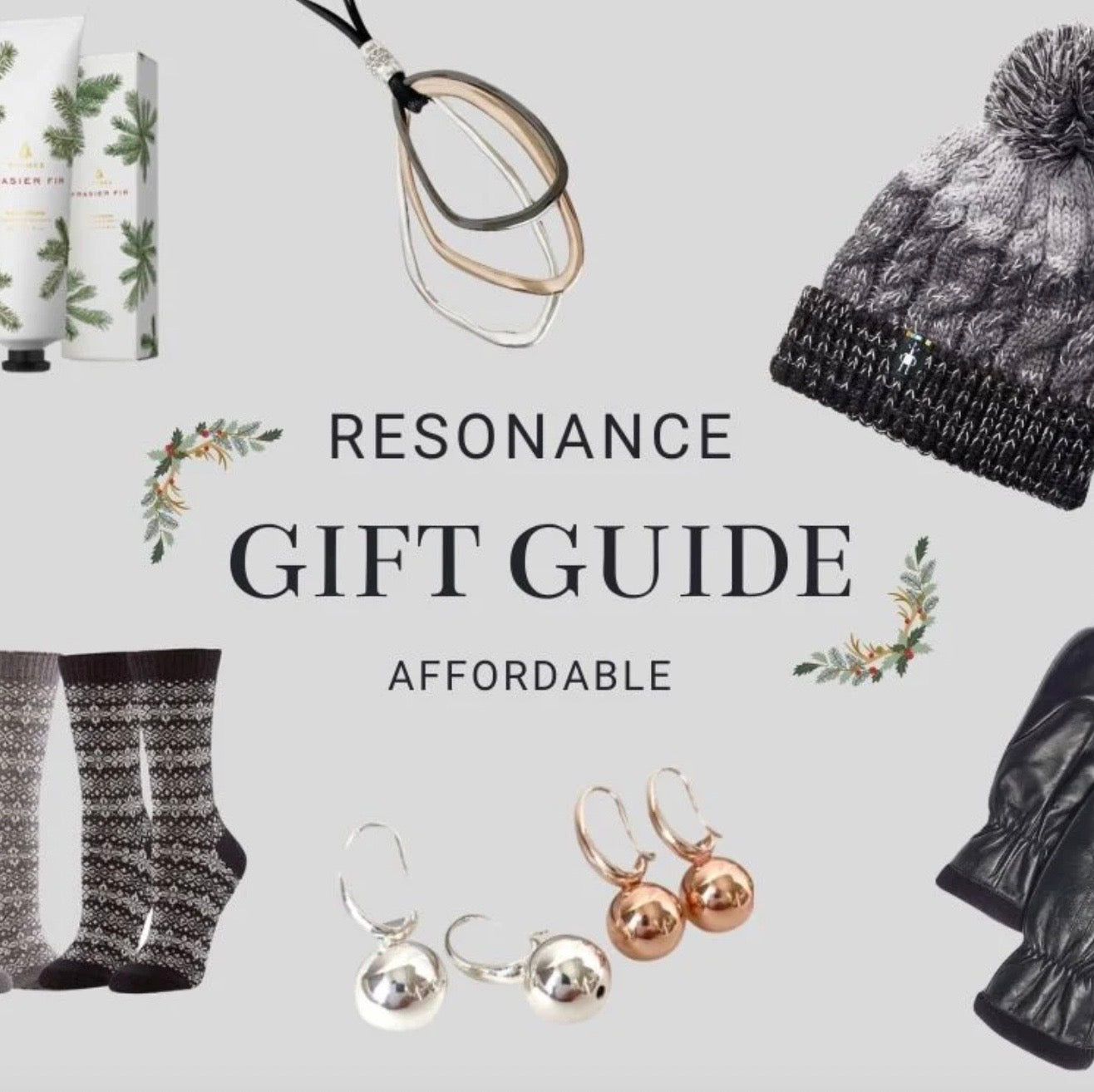The image has a headline that reads: Resonance Gift Guide - Affordable. Gifts are shown.