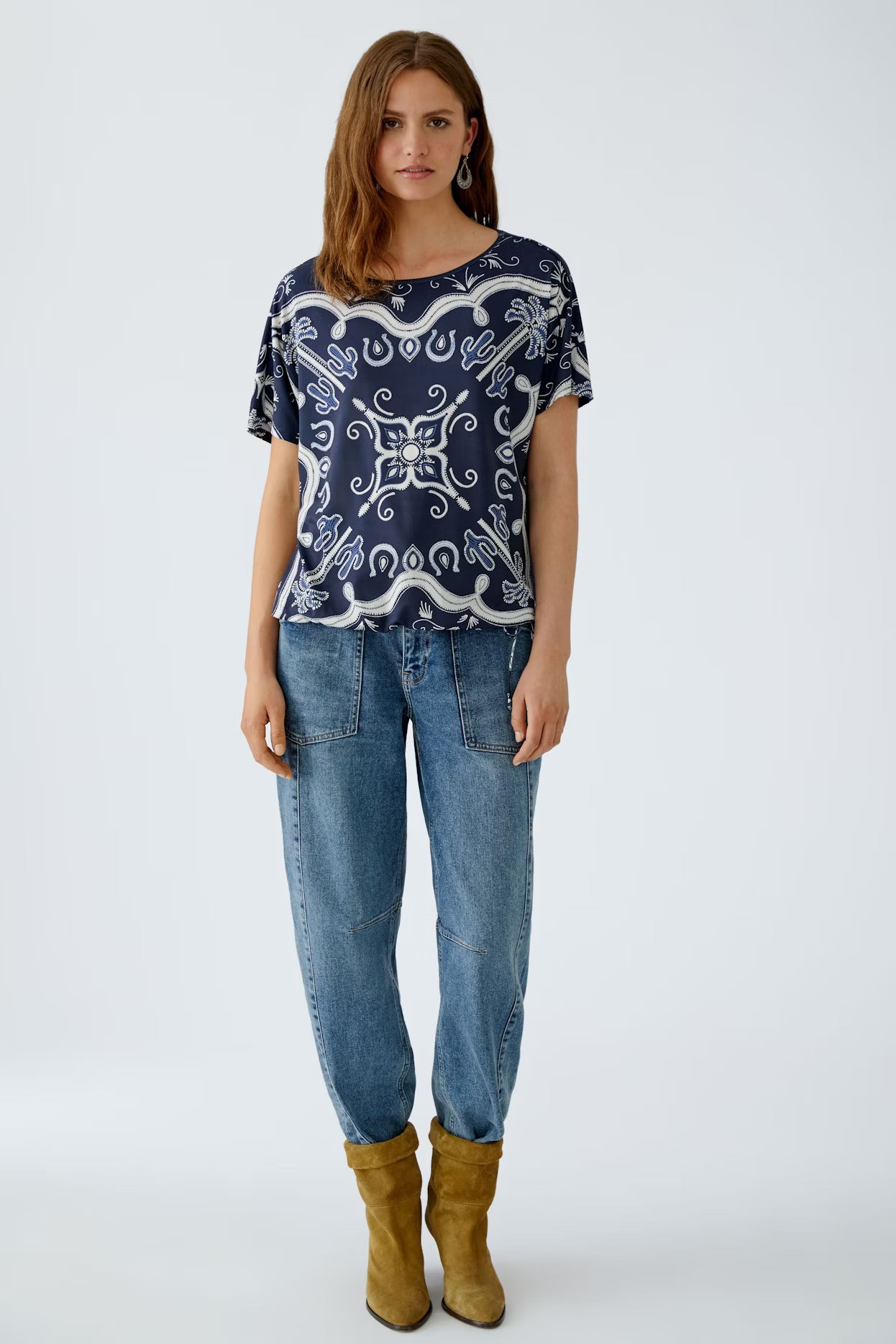 Oui Western Printed Top With Drawcord