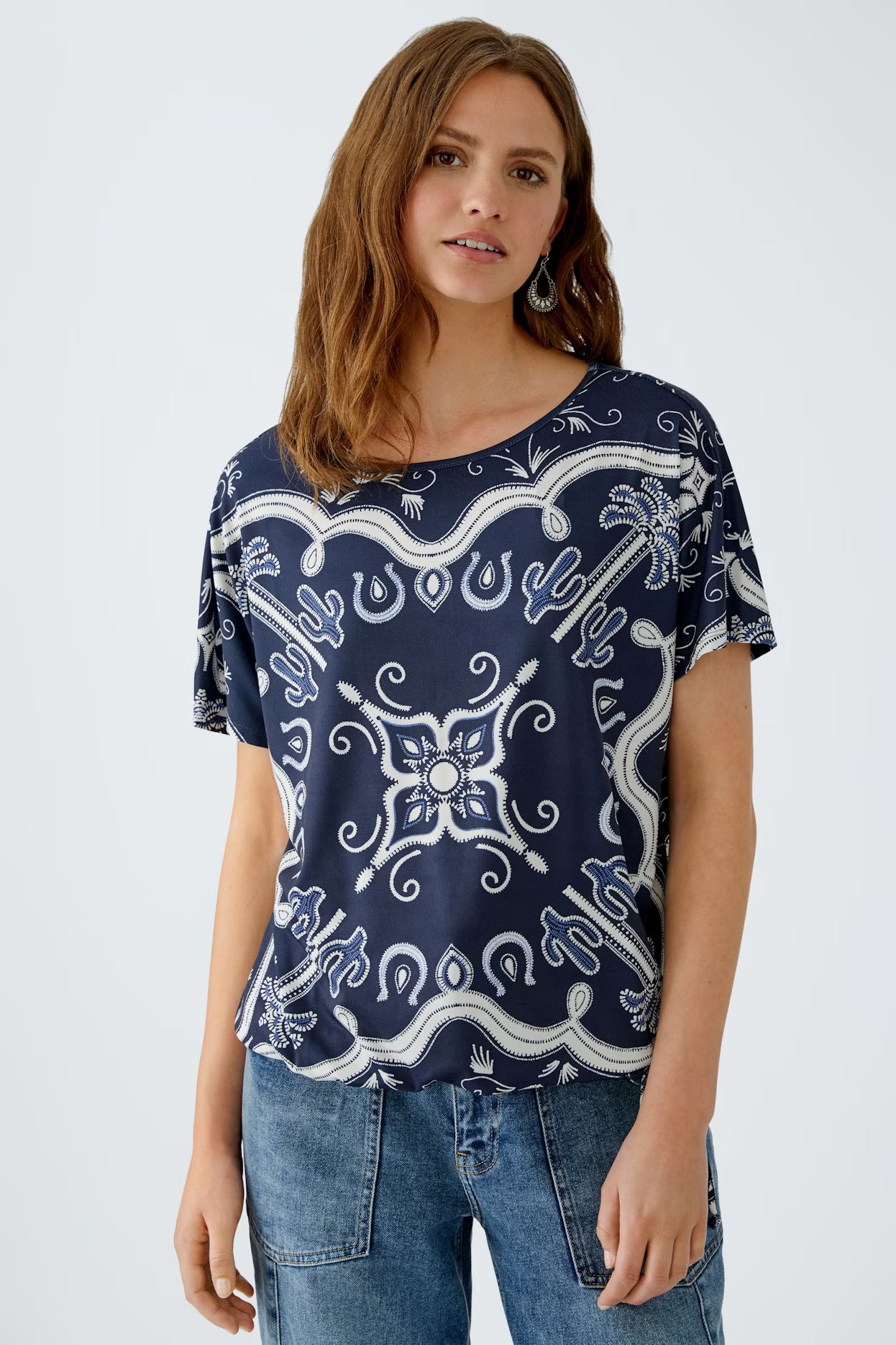 Oui Western Printed Top With Drawcord