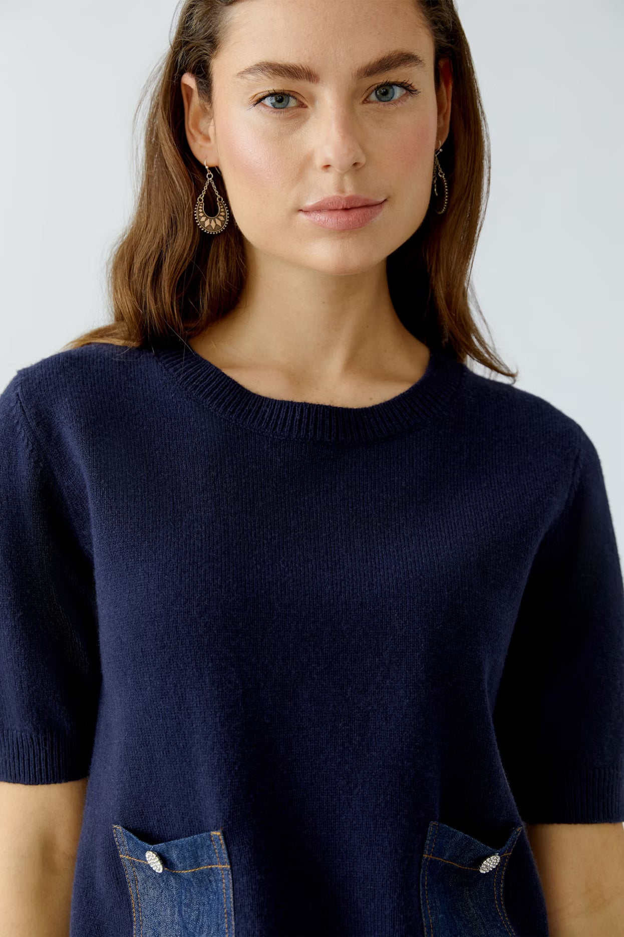 Oui Half Sleeve Sweater With Denim Pockets